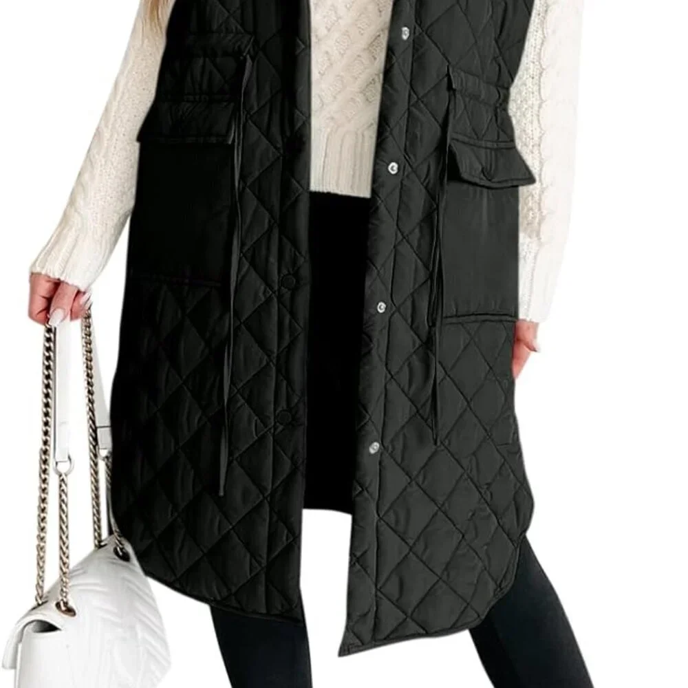 Women's Sleeveless Long Puffer Vest Quilted Hooded Winter Coat Light Warm - Picture 1 of 6